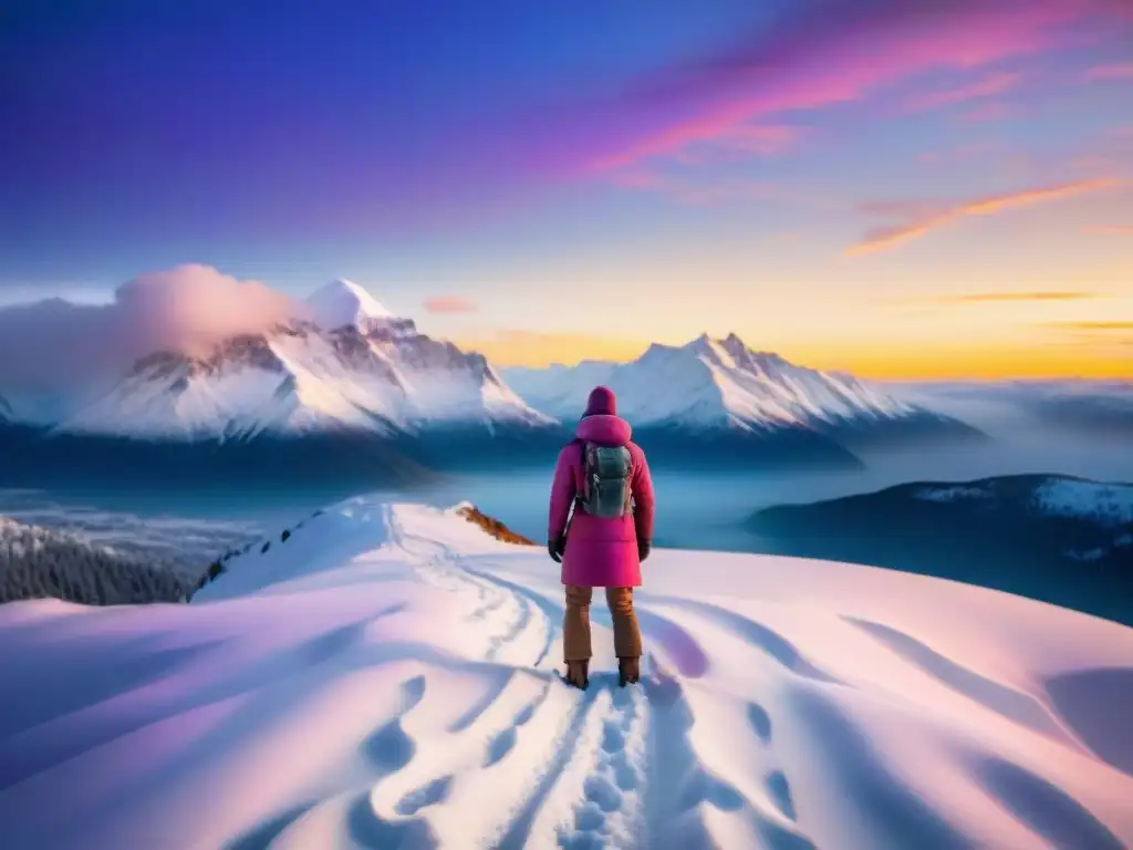 Fotógrafo solitario capturando la belleza del invierno al atardecer