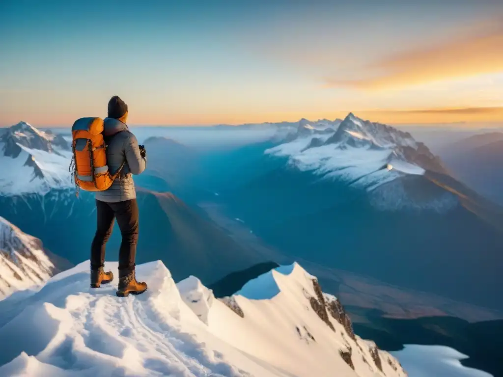 Fotógrafo solitario en cima nevada, capturando la belleza de la naturaleza