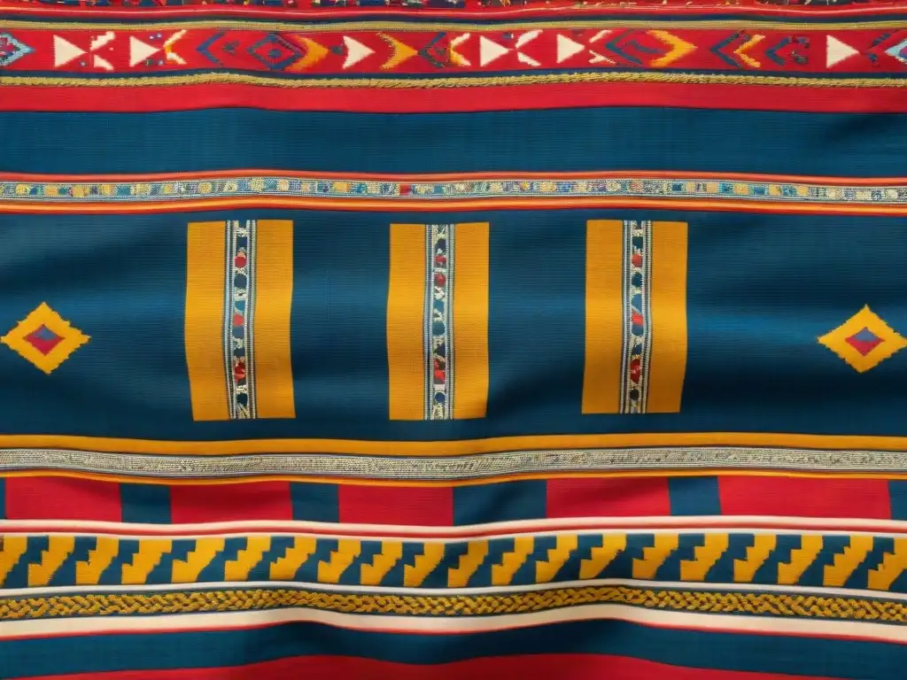 Fragmento textil antiguo de los entierros de Pazyryk Fragmento textil de tribus nómadas con patrones geométricos en rojo, azul y dorado, reflejo de su historia y destreza artesanal