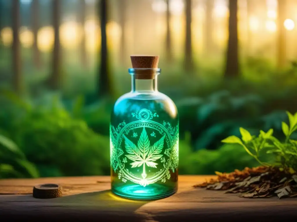 Elixir dorado en botella vintage con símbolos antiguos en bosque místico Un frasco de vidrio vintage con símbolos antiguos, lleno de un elixir dorado que brilla