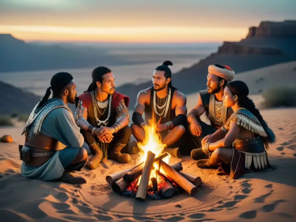 Fraternidad entre guerreros nómadas reunidos alrededor de una fogata en el desierto al anochecer