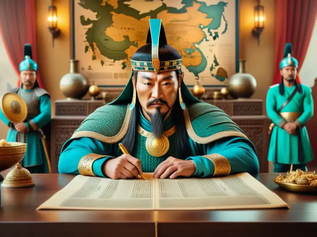 Genghis Khan y Alejandro Magno en un banquete épico, emanan poder y grandeza