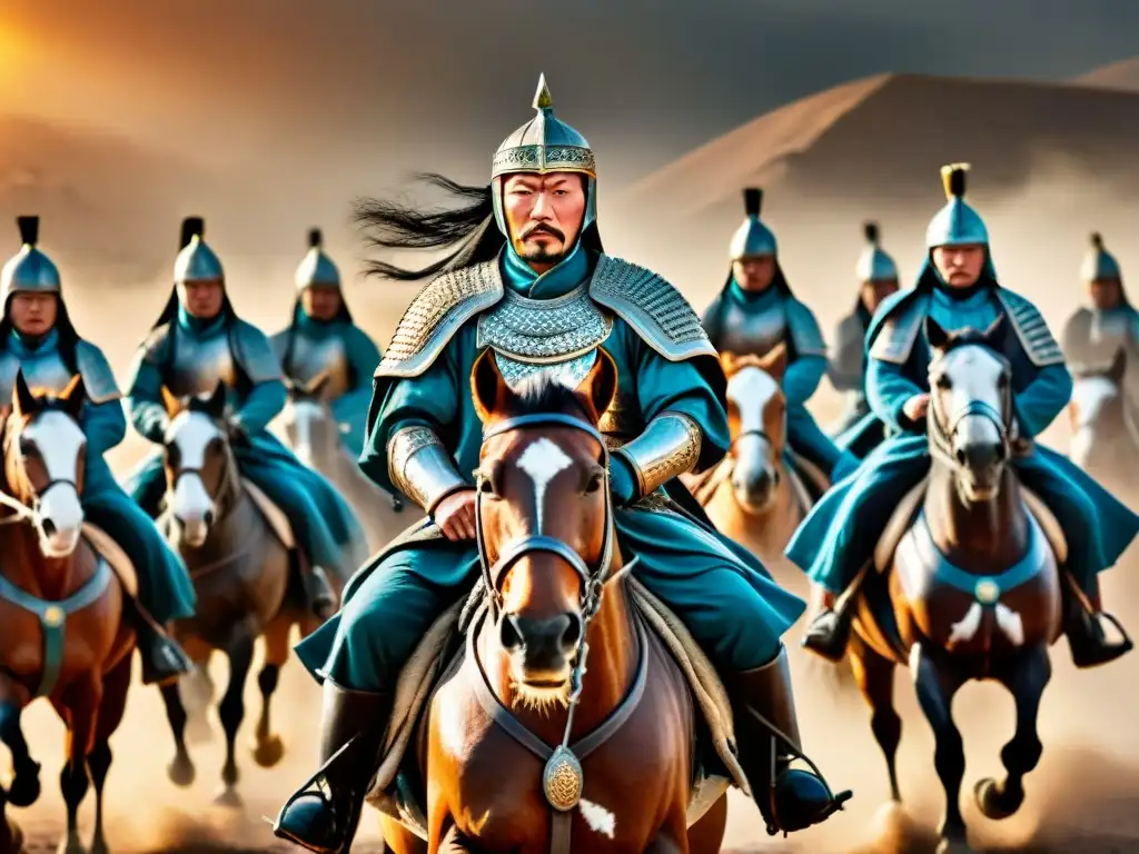 Genghis Khan en batalla, estrategias y leyenda se entrelazan en esta ilustración épica del líder mongol