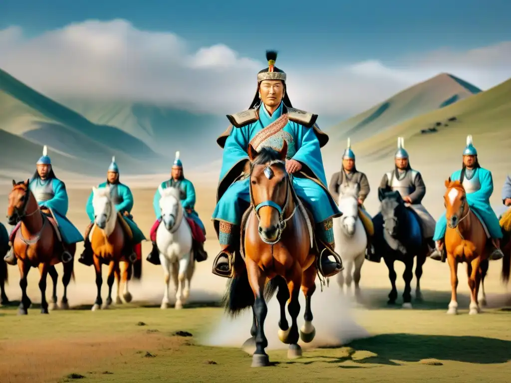 Genghis Khan en un caballo majestuoso rodeado de diversos emisarios, simbolizando alianzas en el Imperio Mongol