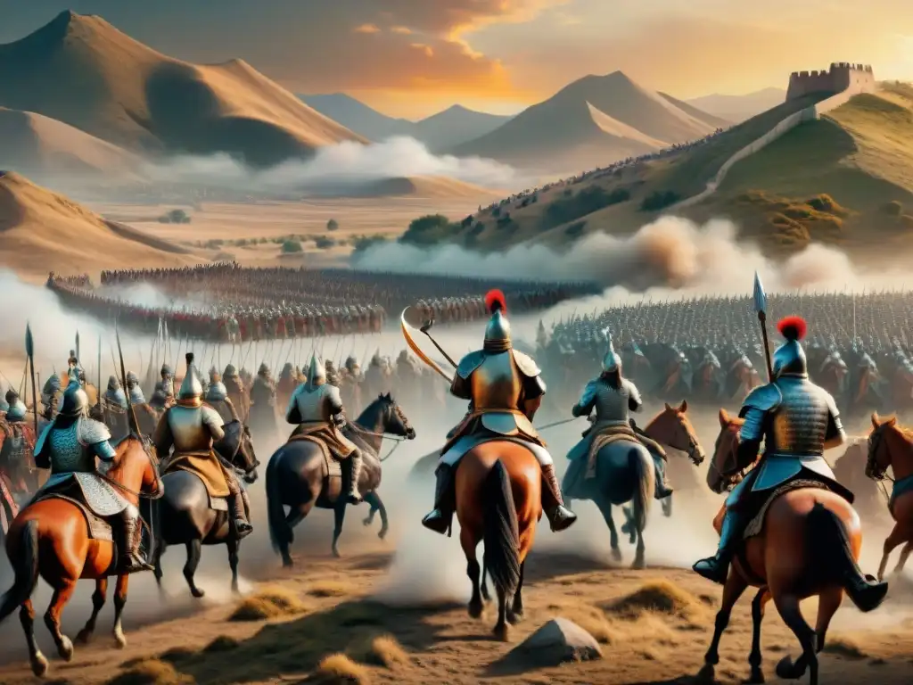 Genghis Khan y Alejandro Magno estrategizando en un campo de batalla, con sus ejércitos listos para la guerra al atardecer