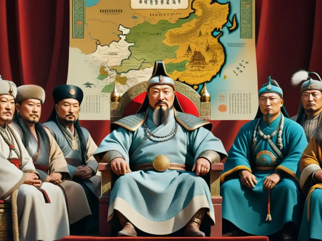 Genghis Khan y su círculo discuten estrategias de gobernanza en el Imperio Mongol, rodeados de símbolos y un mapa