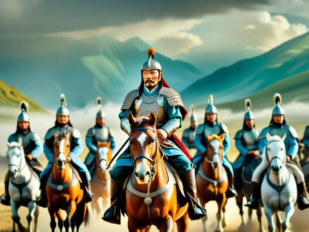 Genghis Khan lidera a su ejército en batalla, rodeado de paisaje mongol y estrategia militar, en la Conquista de los Mongoles análisis