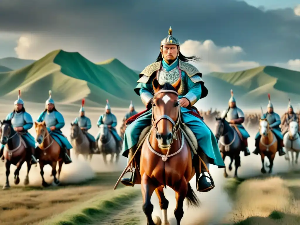 Genghis Khan liderando ejército mongol en la estepa