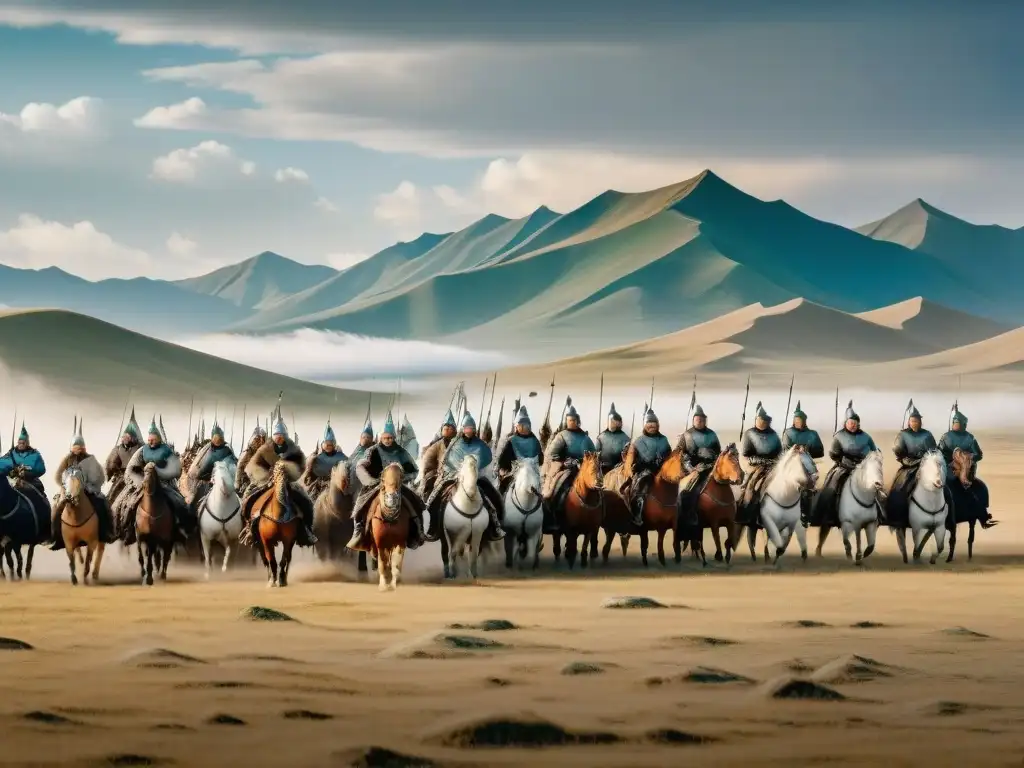 Genghis Khan lidera ejército nómada en conflictos históricos bajo cielo dramático