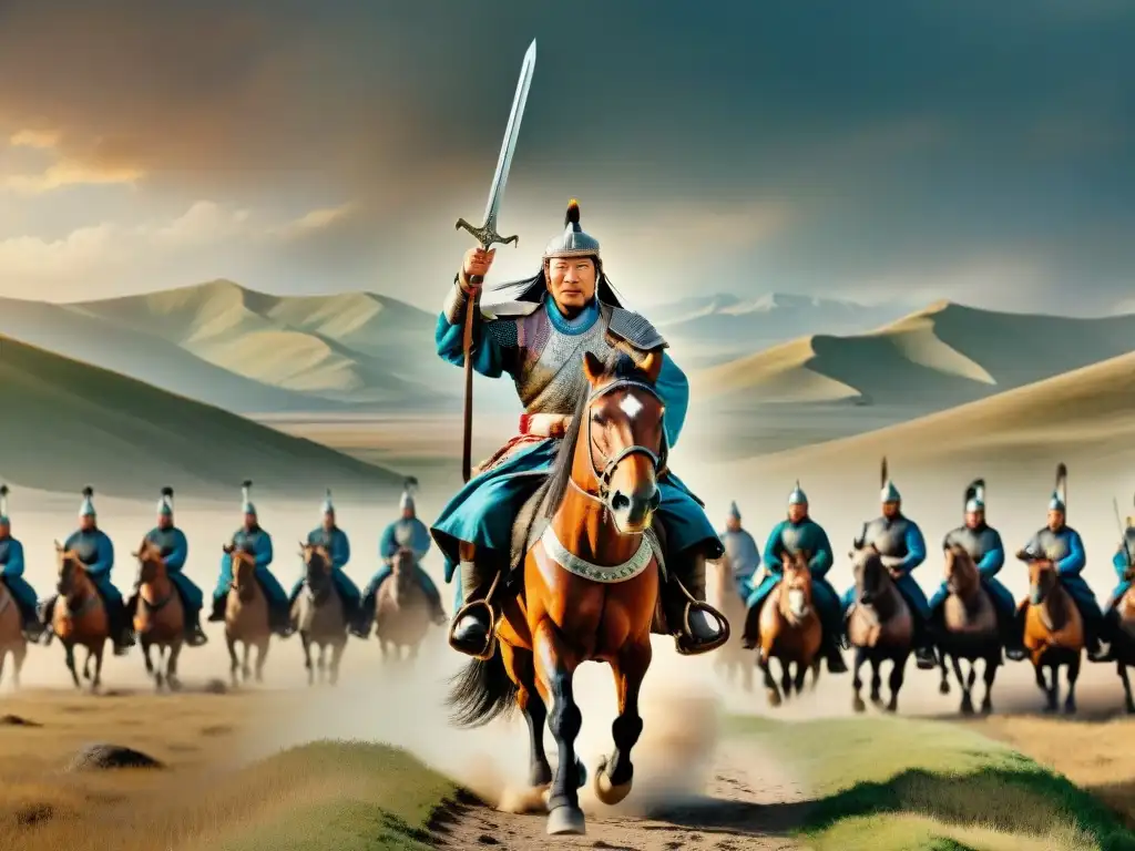 Genghis Khan lidera su ejército nómada en un cuadro vintage, reconstruyendo historias de poder y aventura en el arte