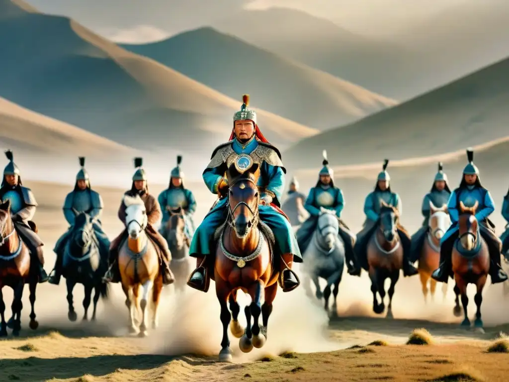 Genghis Khan lidera su ejército nómada en las estepas de Mongolia, demostrando estrategias militares tribus nómadas