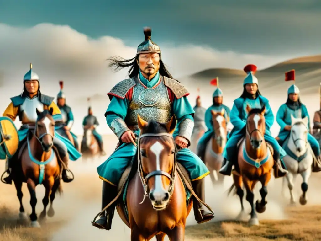 Genghis Khan lidera su ejército nómada en las estepas de Mongolia, mostrando las Estrategias líderes nómadas legendarios