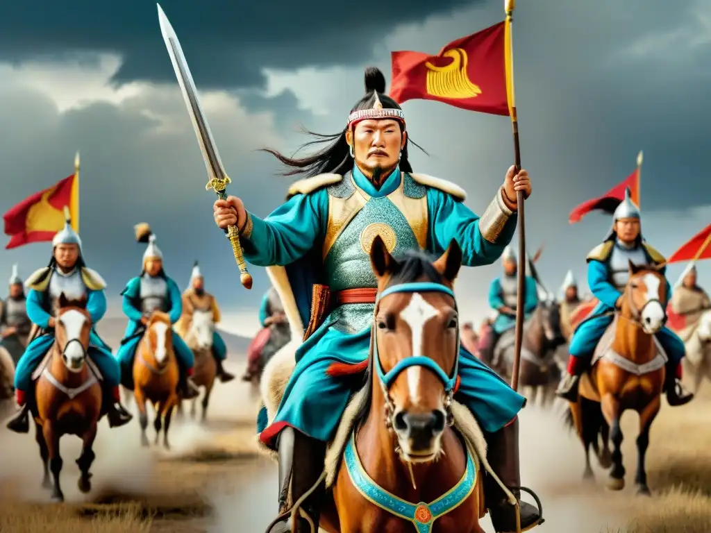 Genghis Khan lidera un ejército de tribus mongolas unificadas en las estepas, con un cielo tormentoso de fondo