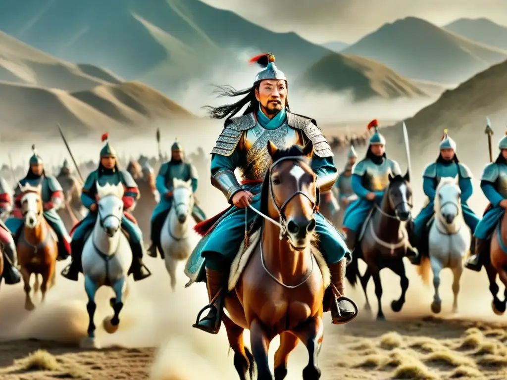 Genghis Khan liderando estrategias en épicas batallas, mostrando su leyenda en un paisaje rugoso y dramático