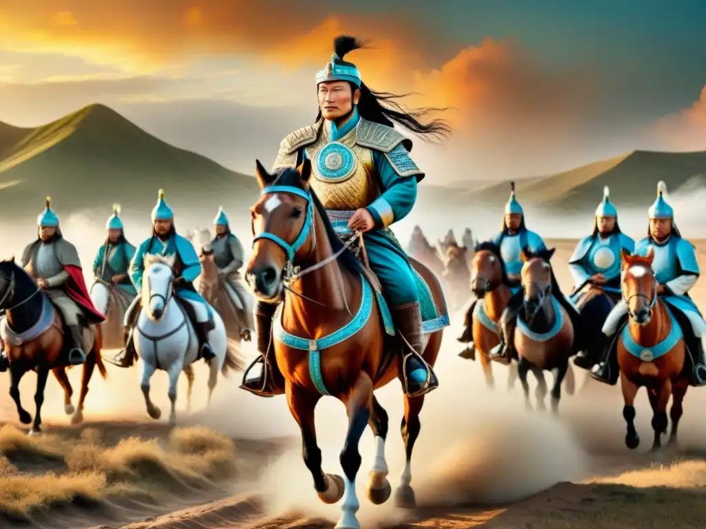 Genghis Khan liderando una feroz horda mongola en las estepas, mostrando su destreza estratégica