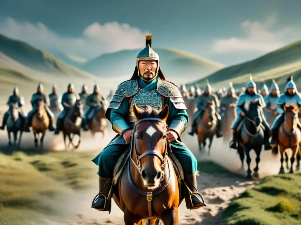 Genghis Khan liderando a su poderoso ejército mongol a caballo por Eurasia, mostrando sus tácticas militares tribus nómadas