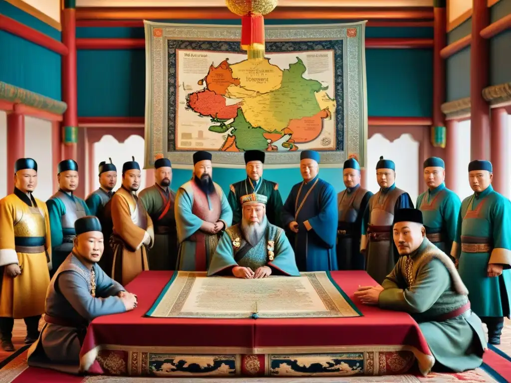 Genghis Khan lidera una reunión diplomática rodeado de envoys y líderes, forjando alianzas en el Imperio Mongol