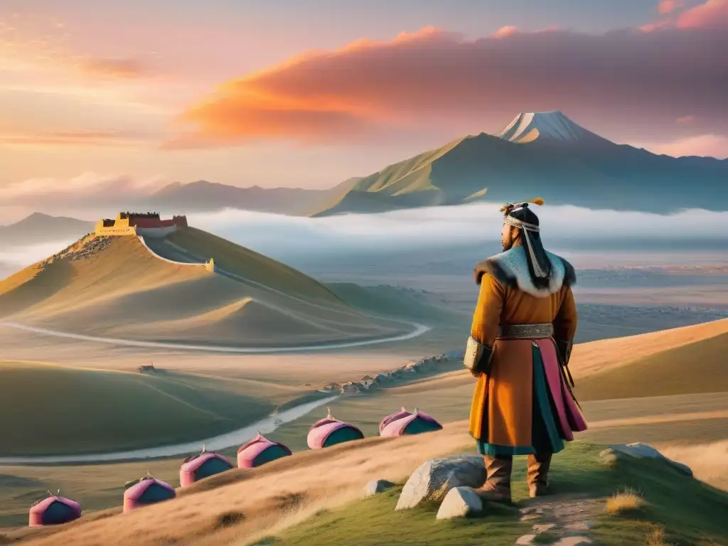 Genghis Khan en traje tradicional, con un halcón en el brazo, dominando el paisaje mongol al atardecer