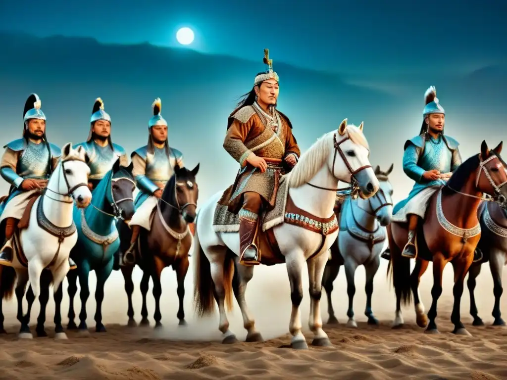 Genghis Khan y tribus nómadas en pactos bajo la Luna, detalle ultrarrealista y misterioso