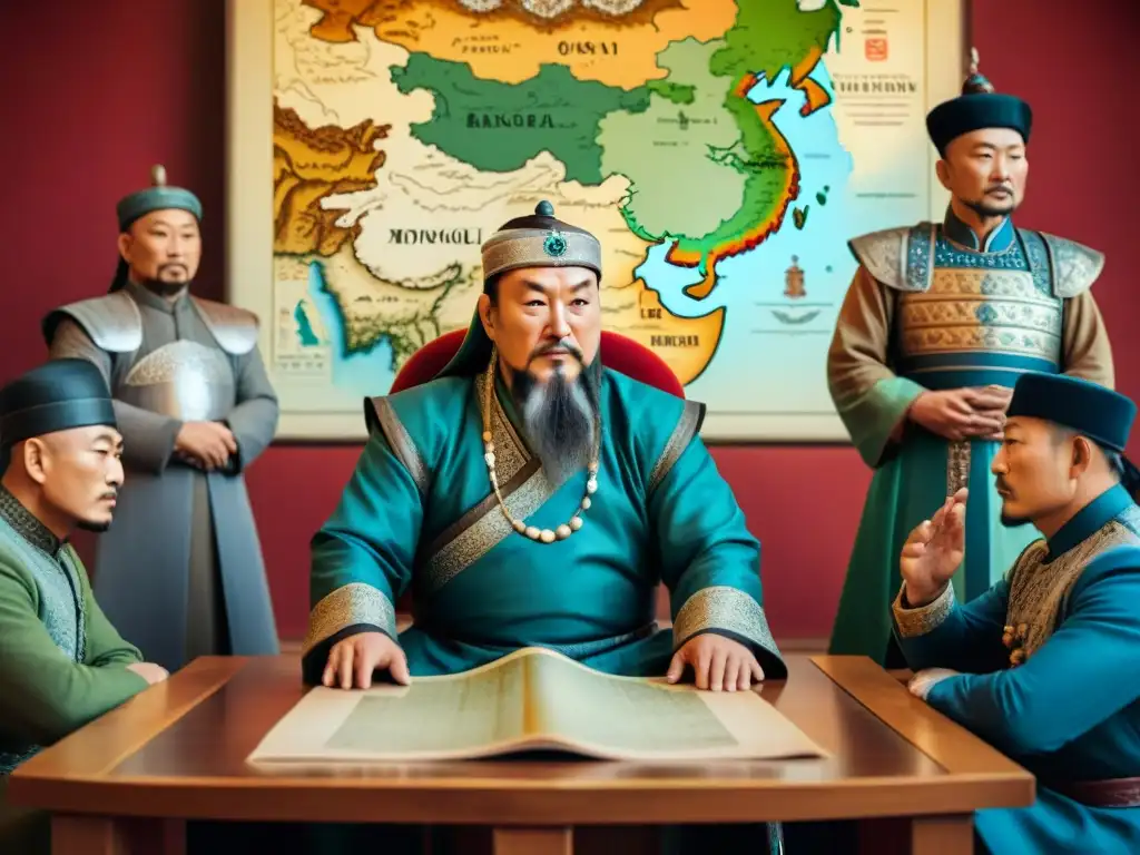 Genghis Khan en su trono rodeado de diplomáticos en una discusión, Alianzas en el Imperio Mongol