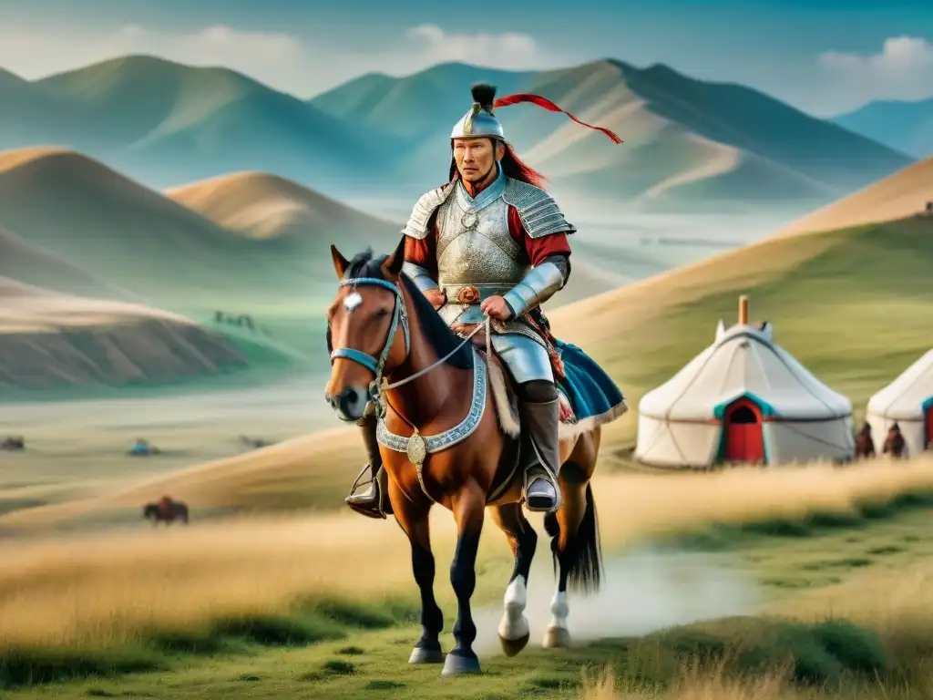 Genghis Khan en la vasta estepa mongola, liderando su ejército con tácticas de guerra de Genghis Khan