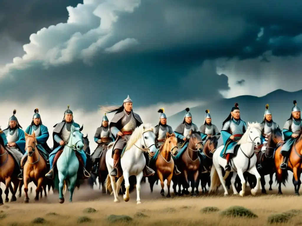 Genghis Khan cabalga liderando un vasto ejército de guerreros mongoles en las estepas, con el imperio desplegándose detrás y nubes tormentosas