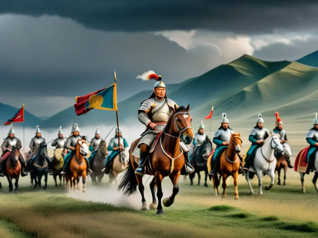 El gran Genghis Khan lidera expediciones históricas de tribus nómadas en la estepa