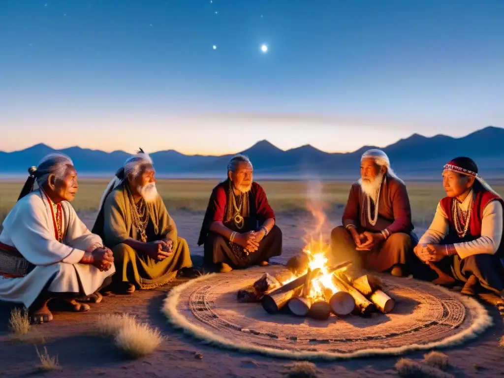 Grupo de ancianos indígenas en ritual sagrado bajo cielo estrellado en estepa