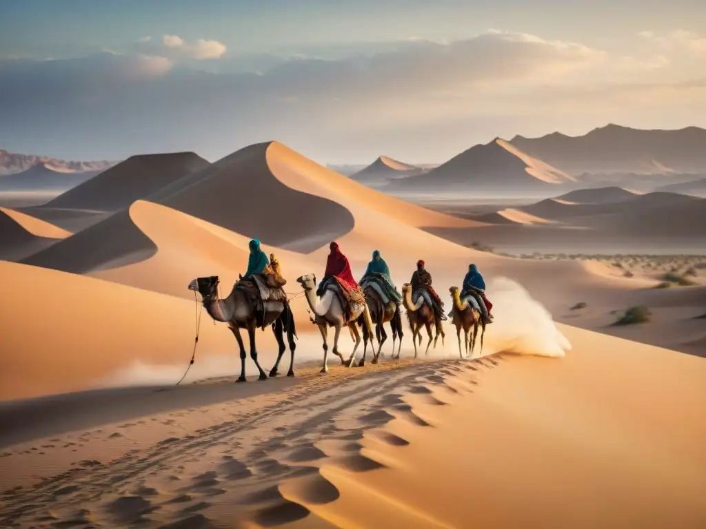 Un grupo de antiguos nómadas atraviesa un desierto árido bajo un sol abrasador, liderando una caravana de camellos cargados