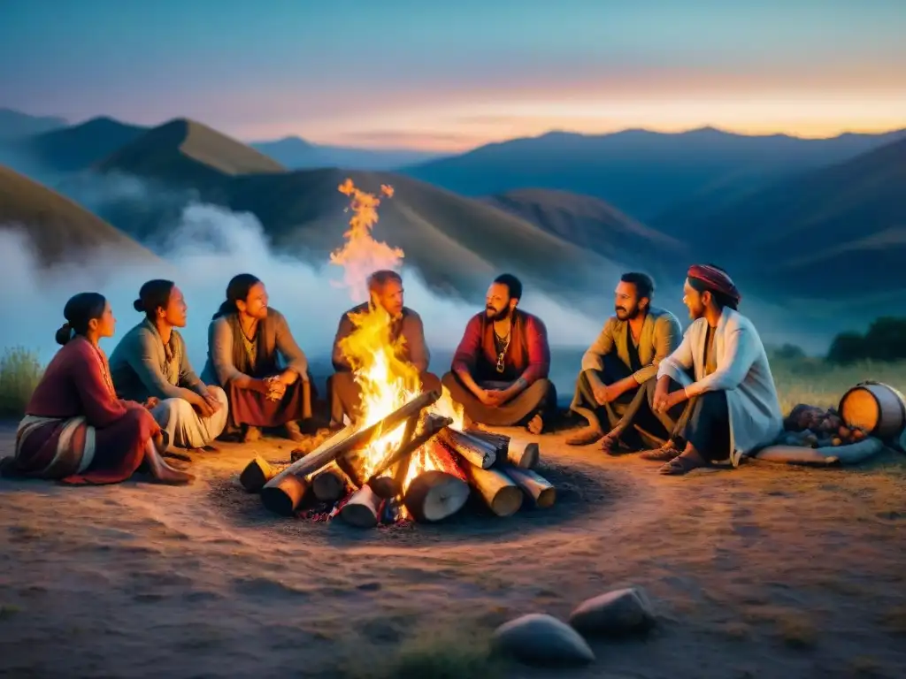 Grupo de antiguos nómadas alrededor de una fogata al atardecer, compartiendo historias y tradiciones