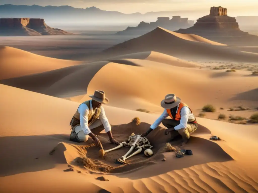 Un grupo de arqueólogos descubriendo restos antiguos al atardecer en un yacimiento desértico