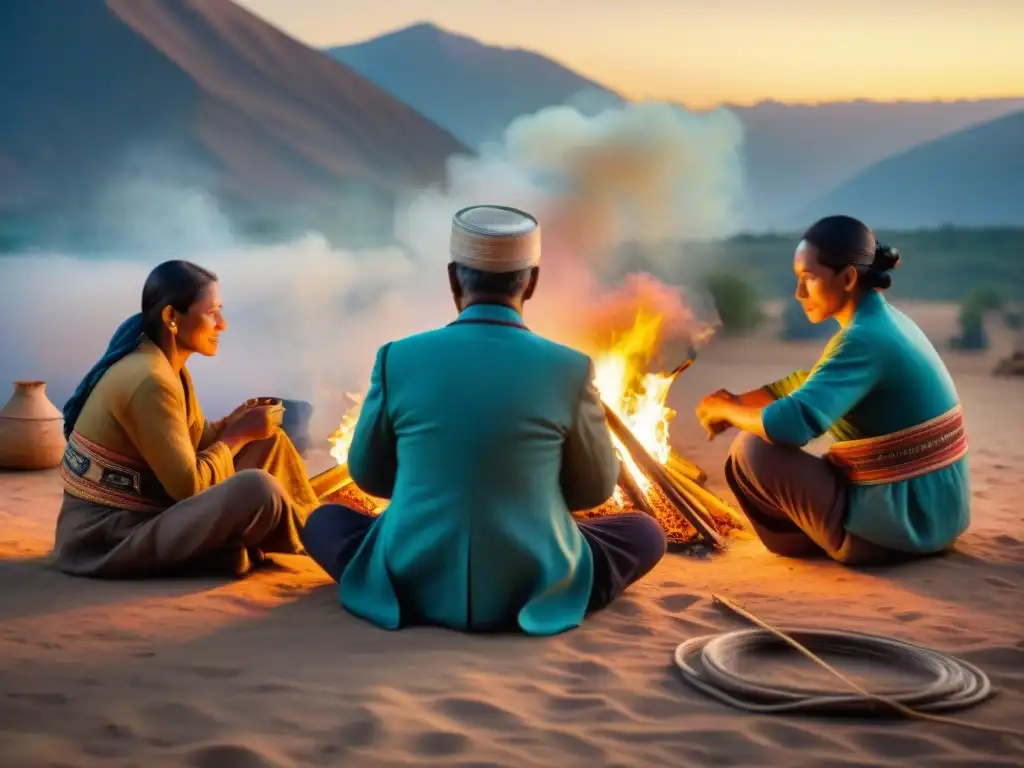 Un grupo de artesanos nómadas creando artesanías alrededor del fuego, en una escena llena de música y danza