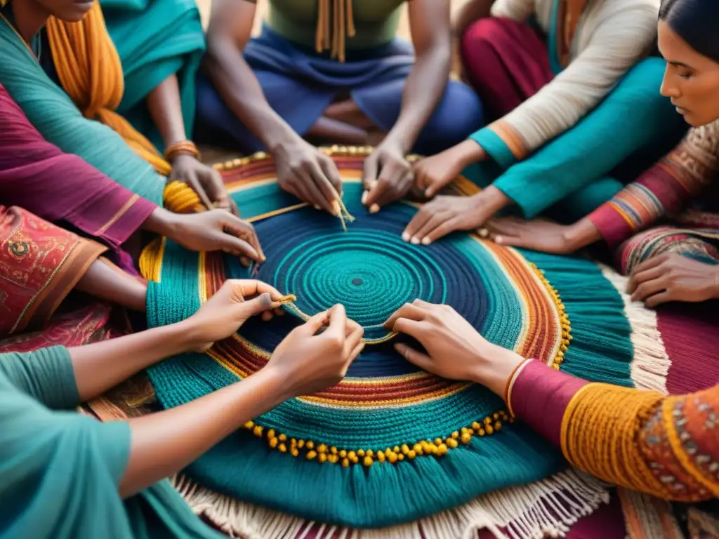 Un grupo de artesanos nómadas tejiendo con destreza en un tapiz colorido