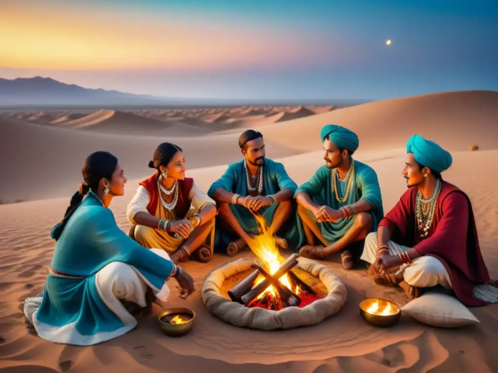 Grupo de artesanos nómadas tocando música y danzando alrededor de una fogata bajo el cielo estrellado en el desierto