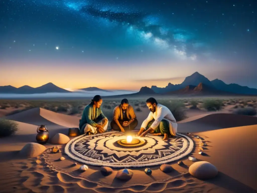 Un grupo de artistas nómadas creando patrones en el desierto bajo un cielo estrellado