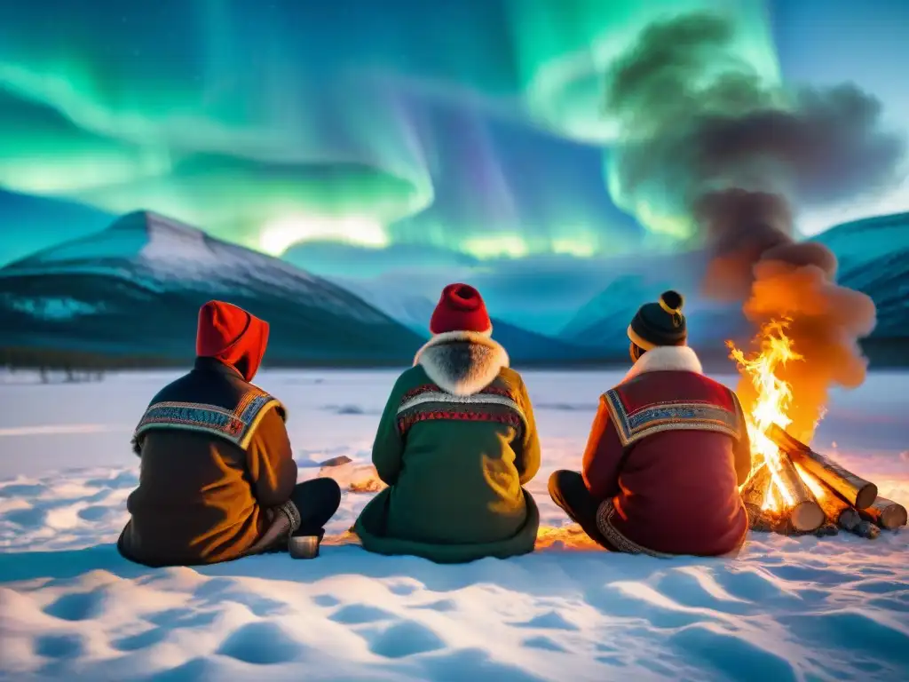 Un grupo de Sami en atuendos tradicionales celebra un ritual funerario en el paisaje nevado de Laponia, con auroras boreales y renos