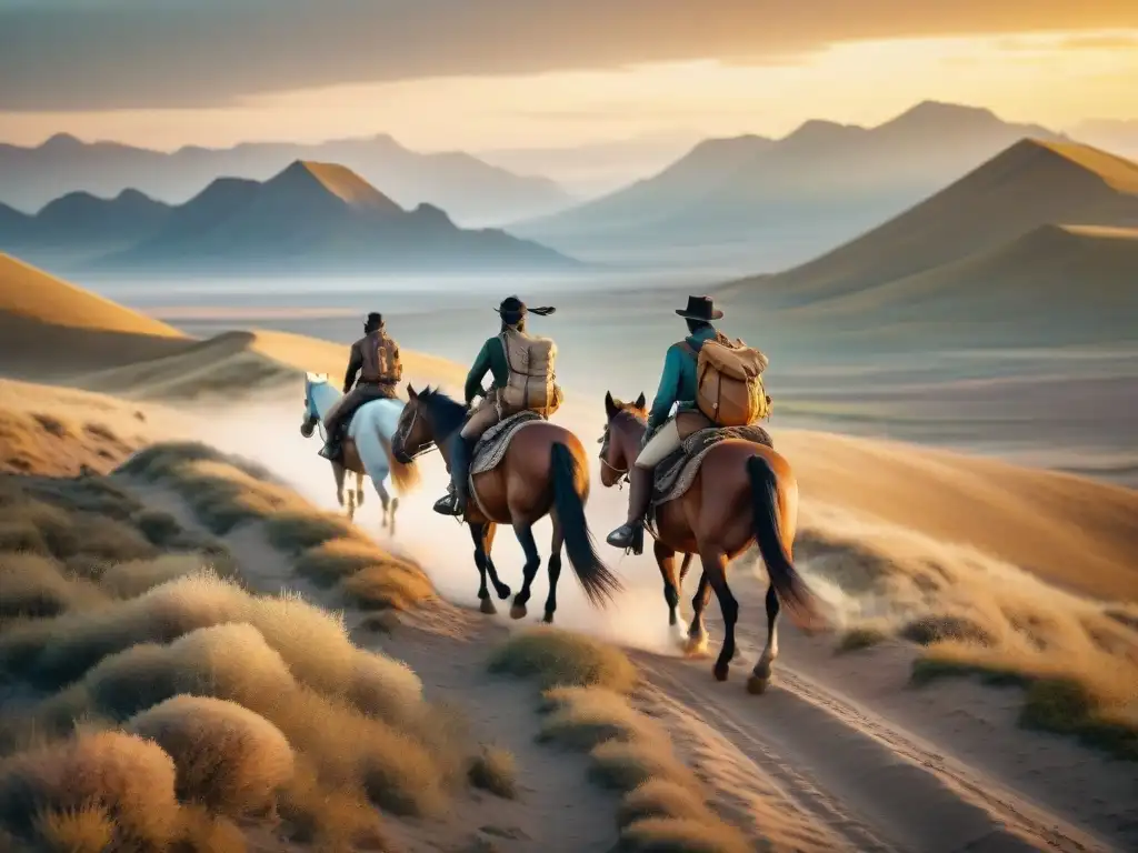 Grupo de aventureros nómadas explorando la estepa dorada al atardecer con tecnología textil para aventureros nómadas