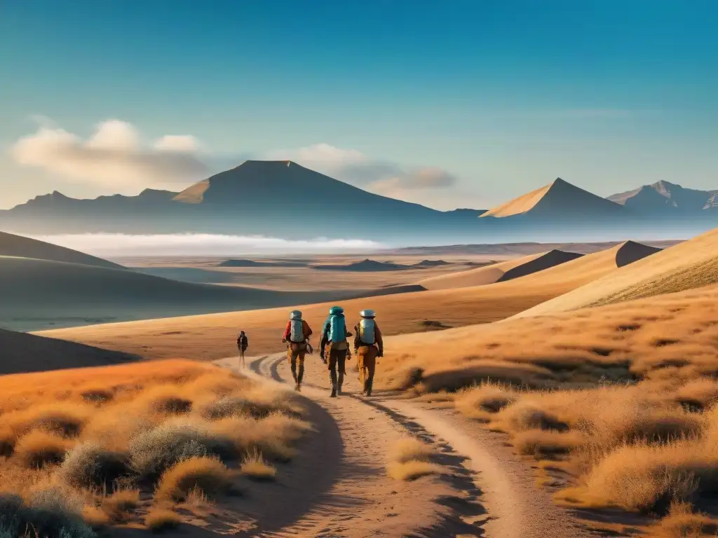 Un grupo de aventureros nómadas con tecnología textil exploran una extensa estepa bajo el sol brillante