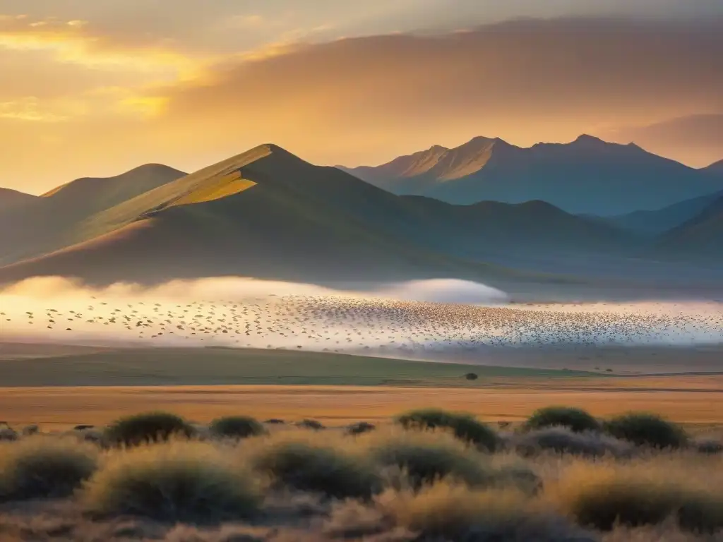 Un grupo de aves migratorias surca los cielos en una encantadora estepa colorida al atardecer, evocando las migraciones de aves nómadas