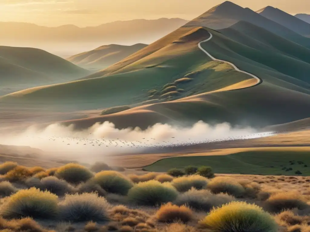 Un grupo de aves migratorias vuela sobre una vasta estepa árida al atardecer