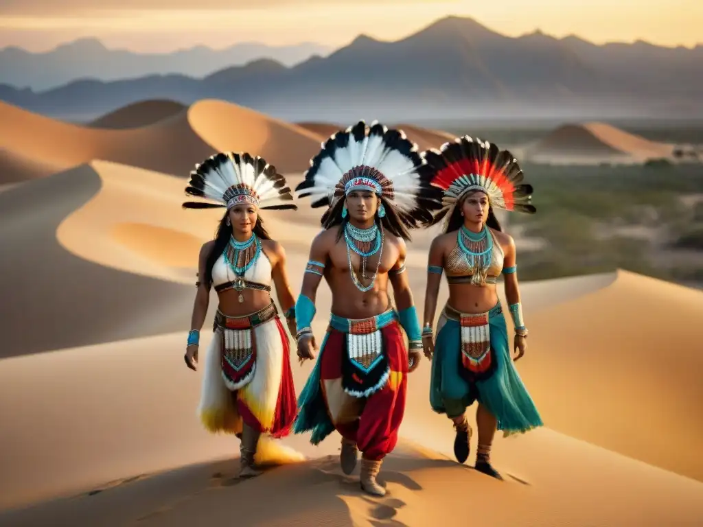 Grupo de bailarines indígenas en la Danza del Águila, ataviados con trajes tradicionales, en un paisaje desértico al atardecer