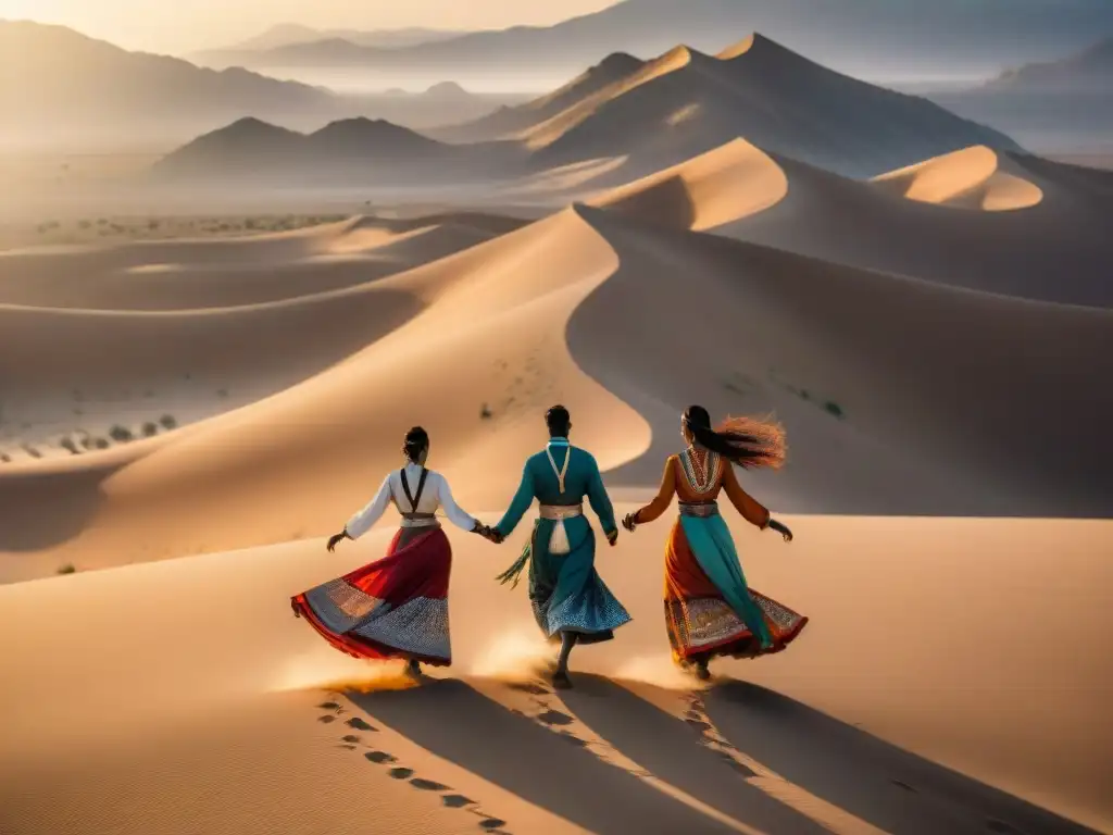 Grupo de bailarines nómadas en el desierto, danzando con gracia bajo el cielo abierto al atardecer