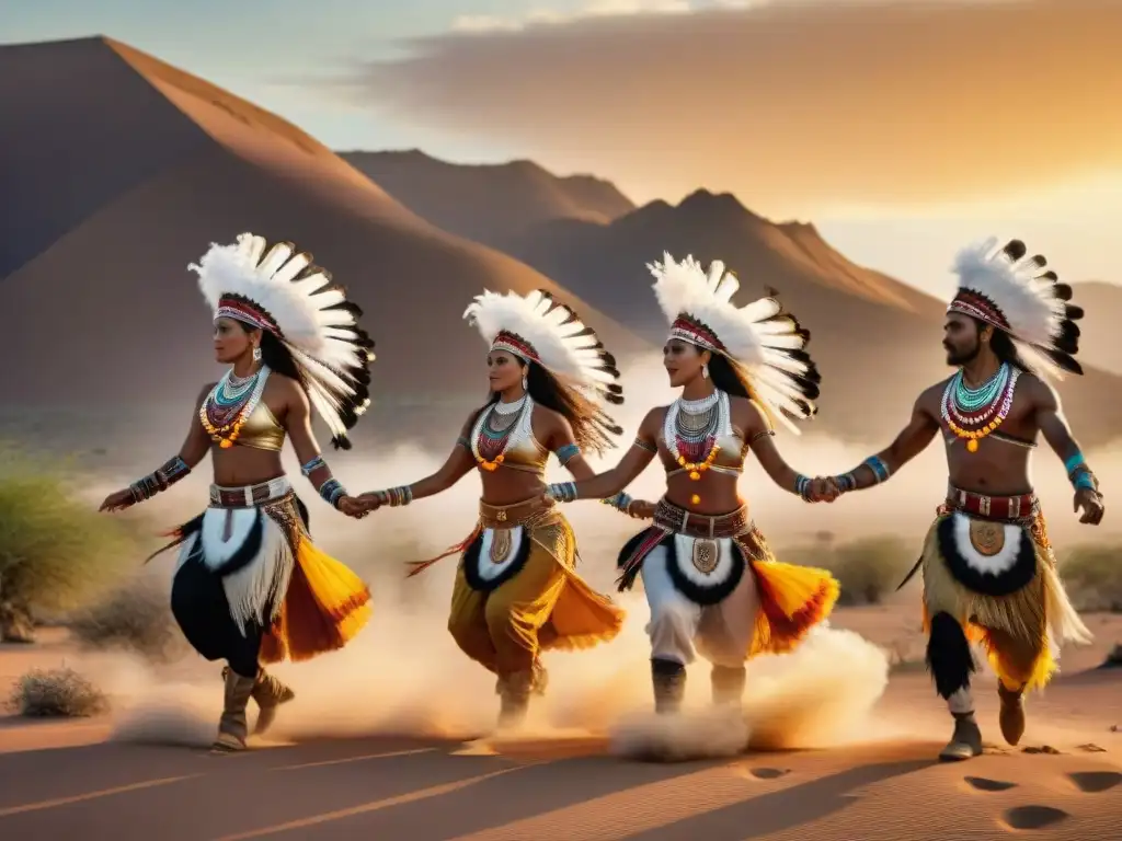 Grupo de bailarines nómadas de tribus, danzando con trajes tradicionales en desierto al atardecer