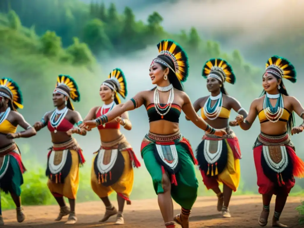 Grupo de bailarines tribales en la selva exuberante, transmitiendo la importancia de la música tribal con alegría y unidad