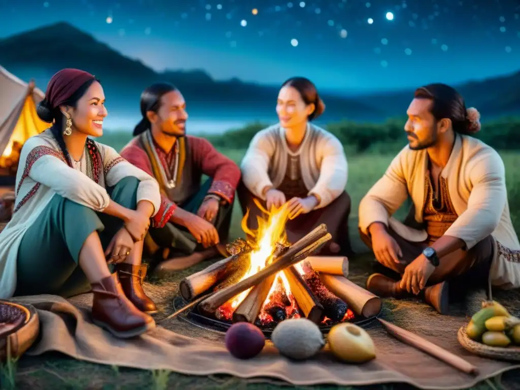 Grupo nómada comparte cena alrededor del fuego bajo las estrellas
