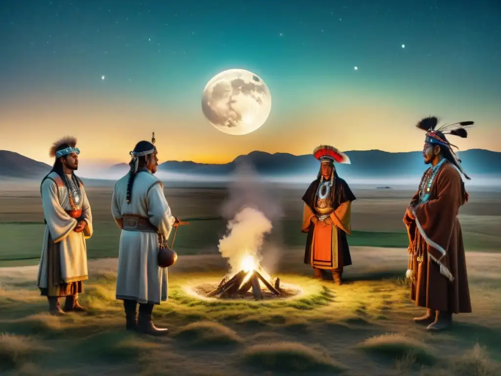 Ritual chamánico: misticismo en la estepa bajo las estrellas Un grupo de chamanes nómadas realizando un poderoso ritual bajo un cielo estrellado en la estepa