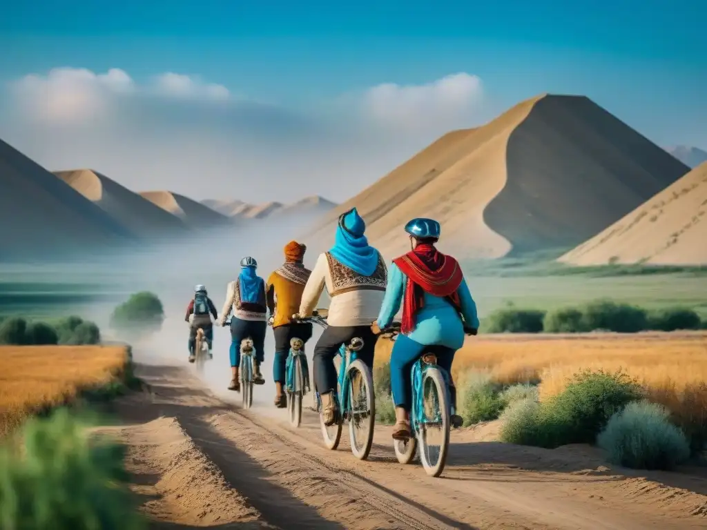 Grupo de ciclistas aventureros recorriendo en bicicletas vintage las estepas de Uzbekistán, con tribus nómadas pastoreando bajo el cielo azul