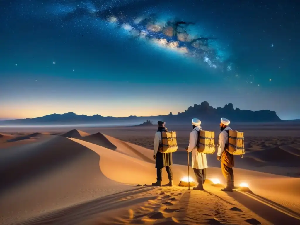 Un grupo de científicos nómadas explorando el desierto bajo un cielo estrellado, evocando las 'Contribuciones científicas nómadas olvidadas'