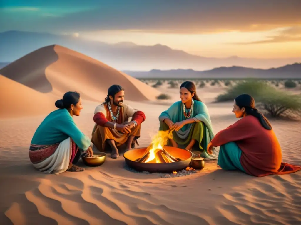 Un grupo de tribu nómada cocina en el desierto, resaltando la dieta tradicional de tribus nómadas