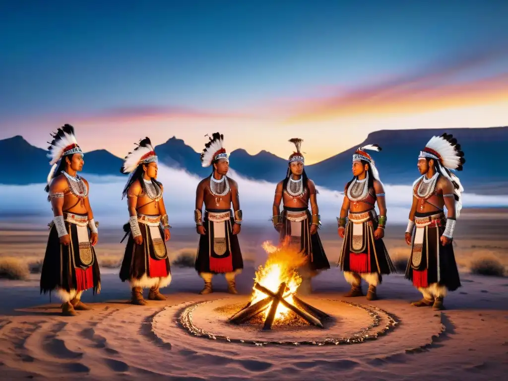 Grupo de danzas tribales estepas danzando alrededor de fogata bajo cielo estrellado